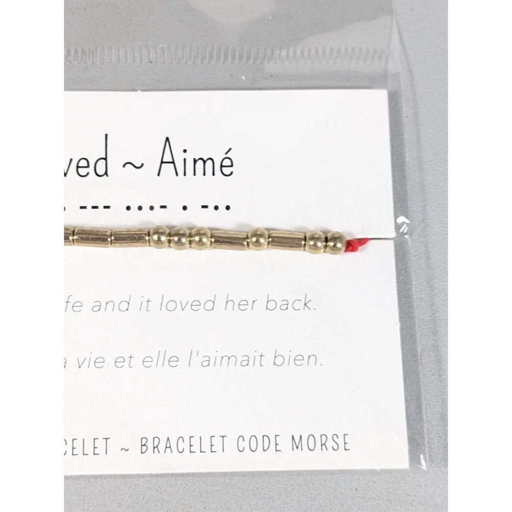 Loved Morse Code Bracelet Gold Tone Red Cord‎ Adjustable Minimalist Gift